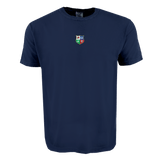 The British & Irish Lions Vintage Comfort Tee by EMB S&S Activewear features a navy blue design with a small, multicolored embroidered crest of four symbols on the chest—ideal for rugby enthusiasts.