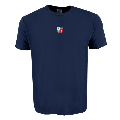 The British & Irish Lions Vintage Comfort Tee by EMB S&S Activewear features a navy blue design with a small, multicolored embroidered crest of four symbols on the chest—ideal for rugby enthusiasts.