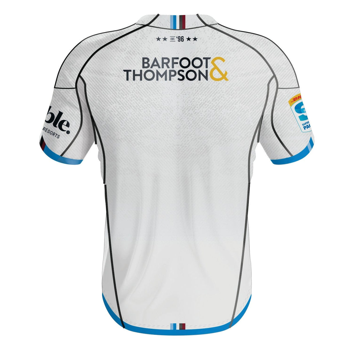 The 2024 Blues Super Rugby Away Jersey by Classic Sportswear showcases a back view with the "Barfoot & Thompson" logo, blue trim, and additional sponsor logos on the sleeves. Crafted with Stay Cool tech fabric for optimal comfort.