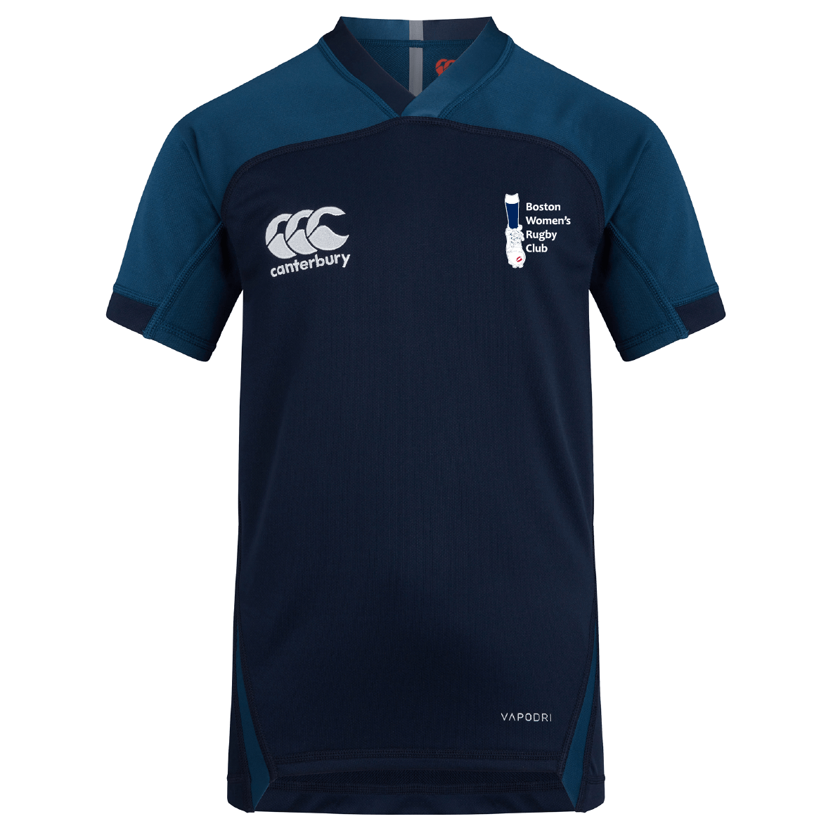 The Boston Women's RFC Vapodri Evader Jersey by EMB Canterbury is a navy blue rugby jersey featuring Canterbury and Boston Women's Rugby Club logos, designed with moisture-wicking technology and a classic neckline for ultimate comfort and style.