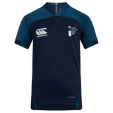 The Boston Women's RFC Vapodri Evader Jersey by EMB Canterbury is a navy blue rugby jersey featuring Canterbury and Boston Women's Rugby Club logos, designed with moisture-wicking technology and a classic neckline for ultimate comfort and style.