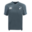 The Boston Women's RFC Vapodri Evader Jersey by EMB Canterbury features a signature neckline, "Canterbury" logo on the left, "Boston Women's Rugby Club" logo on the right, short sleeves, and a V-neck. This CCC jersey uses moisture-wicking technology for peak performance.