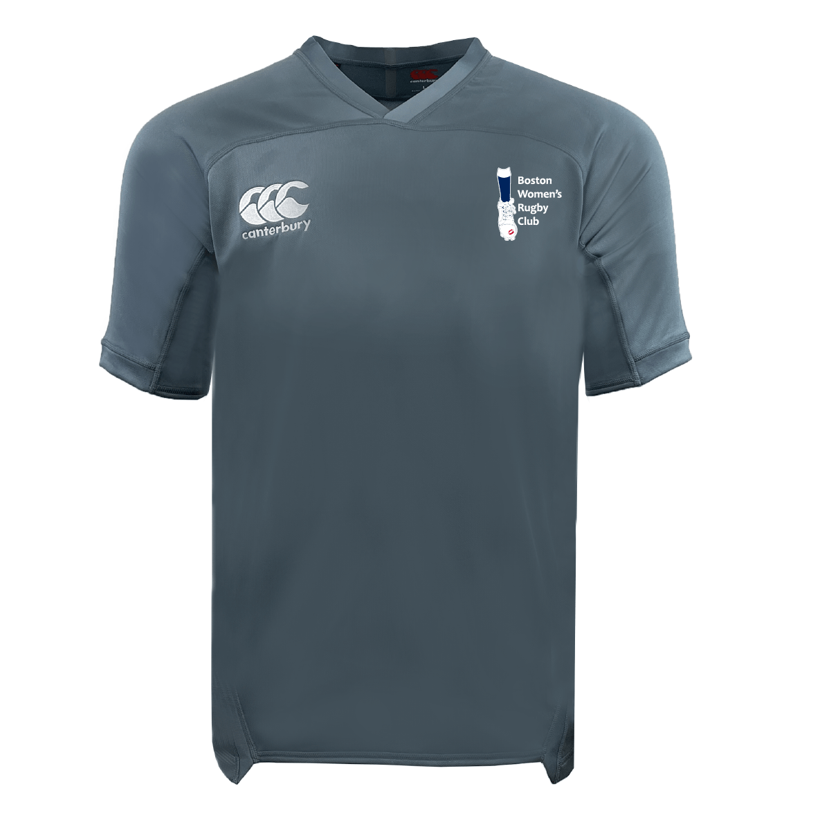 The Boston Women's RFC Vapodri Evader Jersey by EMB Canterbury features a signature neckline, "Canterbury" logo on the left, "Boston Women's Rugby Club" logo on the right, short sleeves, and a V-neck. This CCC jersey uses moisture-wicking technology for peak performance.