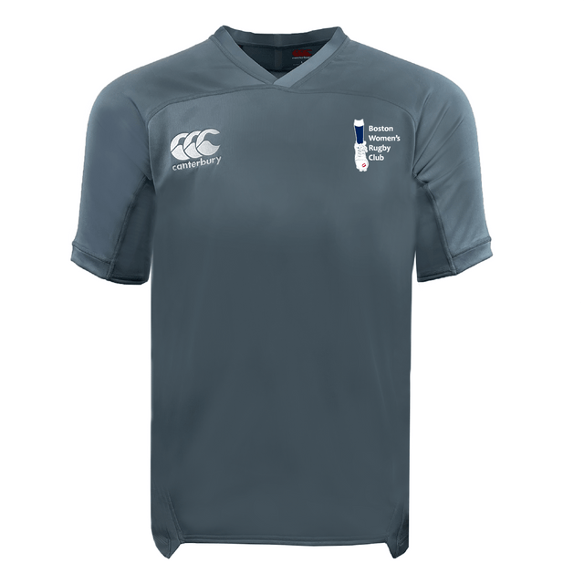 The Boston Women's RFC Vapodri Evader Jersey by EMB Canterbury features a signature neckline, "Canterbury" logo on the left, "Boston Women's Rugby Club" logo on the right, short sleeves, and a V-neck. This CCC jersey uses moisture-wicking technology for peak performance.