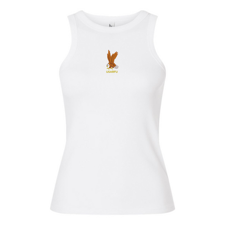 The Women's USA Rugby Heritage Baby Rib Tank by EMB S&S Activewear is a white sleeveless top featuring the USARFU logo with a gold and red eagle and acronym on the chest.