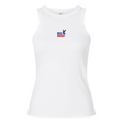 The Women's USA Rugby Throwback Baby Rib Tank by EMB S&S Activewear is a white, sleeveless rib tank with a small blue eagle "USA Rugby" logo on the front—perfect for any female rugby fan.