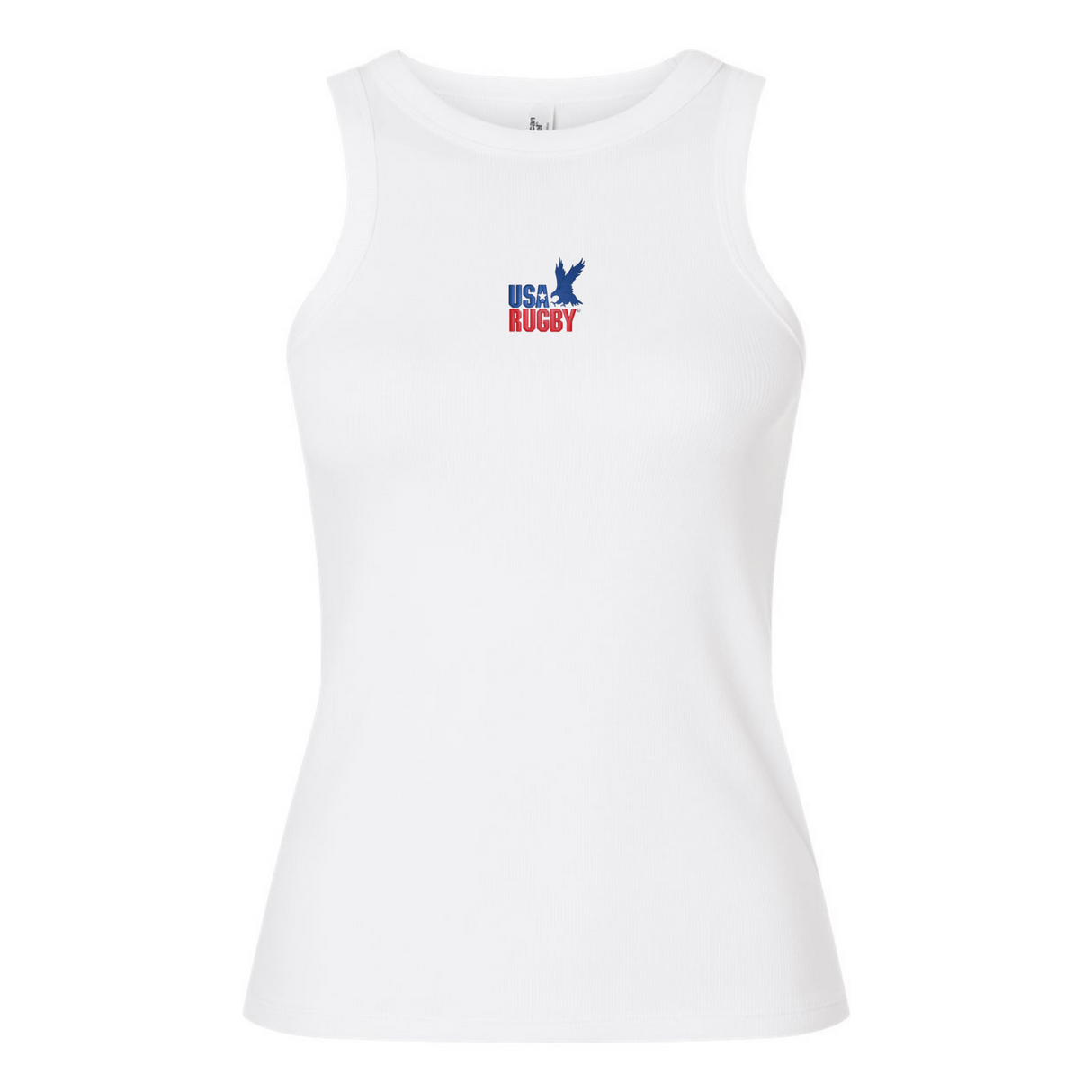 The Women's USA Rugby Throwback Baby Rib Tank by EMB S&S Activewear is a white, sleeveless rib tank with a small blue eagle "USA Rugby" logo on the front—perfect for any female rugby fan.