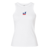 The Women's USA Rugby Throwback Baby Rib Tank by EMB S&S Activewear is a white, sleeveless rib tank with a small blue eagle "USA Rugby" logo on the front—perfect for any female rugby fan.