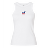 The Women's USA Rugby Throwback Baby Rib Tank by EMB S&S Activewear is a white, sleeveless rib tank with a small blue eagle "USA Rugby" logo on the front—perfect for any female rugby fan.