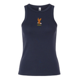 The Women's USA Rugby Heritage Baby Rib Tank by EMB S&S Activewear features navy blue fabric, a small embroidered eagle, and "USARFU" text on the chest—a classic look for USA Rugby fans.