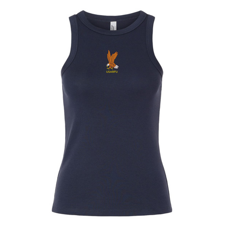 The Women's USA Rugby Heritage Baby Rib Tank by EMB S&S Activewear features navy blue fabric, a small embroidered eagle, and "USARFU" text on the chest—a classic look for USA Rugby fans.