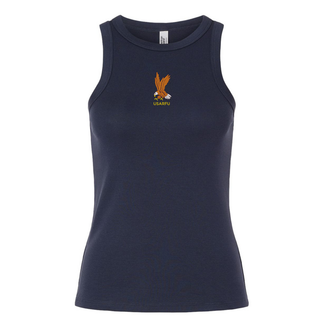 The Women's USA Rugby Heritage Baby Rib Tank by EMB S&S Activewear features navy blue fabric, a small embroidered eagle, and "USARFU" text on the chest—a classic look for USA Rugby fans.
