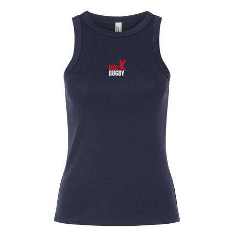 The EMB S&S Activewear Women's USA Rugby Throwback Baby Rib Tank is a navy blue tank top with a small red and white eagle “USA Rugby” logo on the chest.