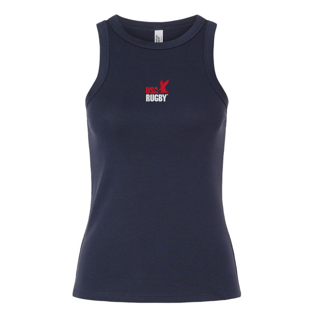 The EMB S&S Activewear Women's USA Rugby Throwback Baby Rib Tank is a navy blue tank top with a small red and white eagle “USA Rugby” logo on the chest.