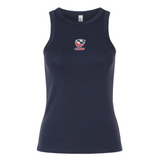 The EMB S&S Activewear Women's USA Rugby Baby Rib Tank in navy offers a comfortable stretch-fit style with a small USA Rugby logo on the chest.