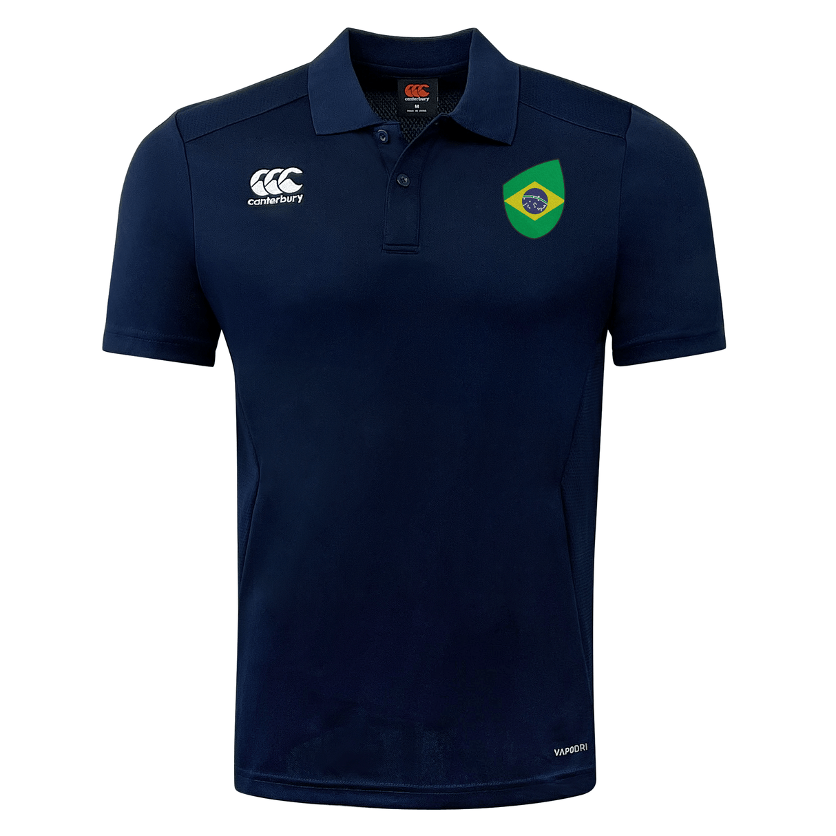 Navy blue Brazil Shield Club Dry Polo rugby shirt with the EMB Canterbury logo on the right side.