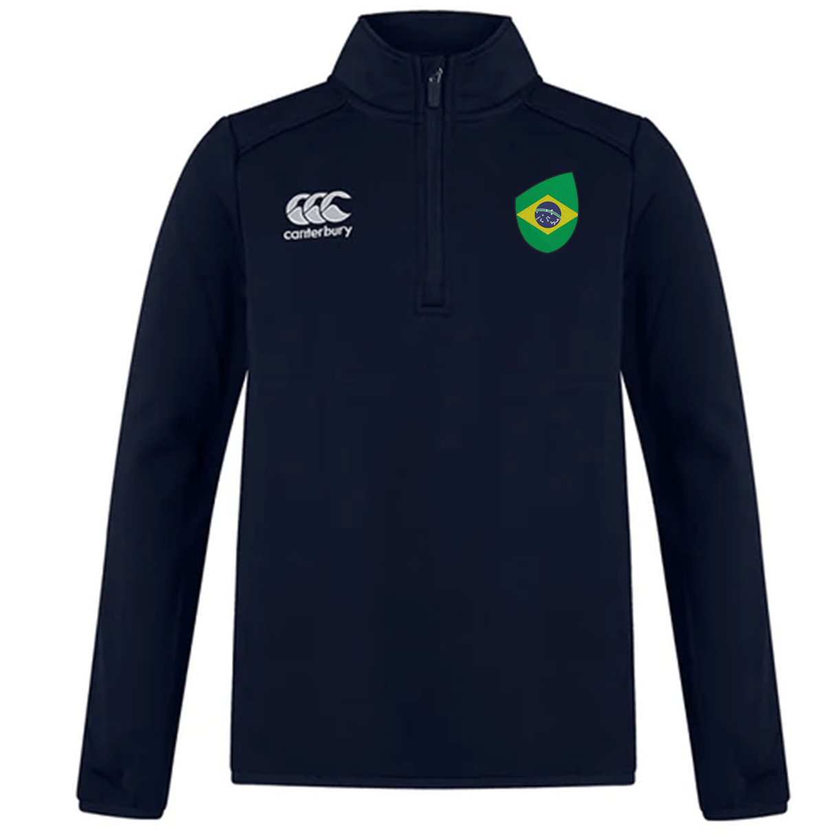 The Brazil Club Shield 1/4 Zip Training Top by EMB Canterbury is a navy long-sleeve rugby training top crafted from bonded fleece, featuring the iconic Canterbury logo and a Brazil-themed shield on the chest.