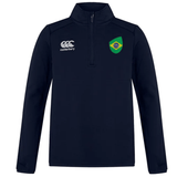 The Brazil Club Shield 1/4 Zip Training Top by EMB Canterbury is a navy long-sleeve rugby training top crafted from bonded fleece, featuring the iconic Canterbury logo and a Brazil-themed shield on the chest.