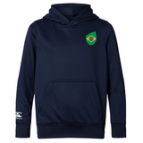The Brazil Shield Club Lightweight Hoodie by EMB Canterbury, in navy blue, showcases a striking Brazil shield crest on the chest and a Canterbury logo on the sleeve, ideal for rugby supporters.