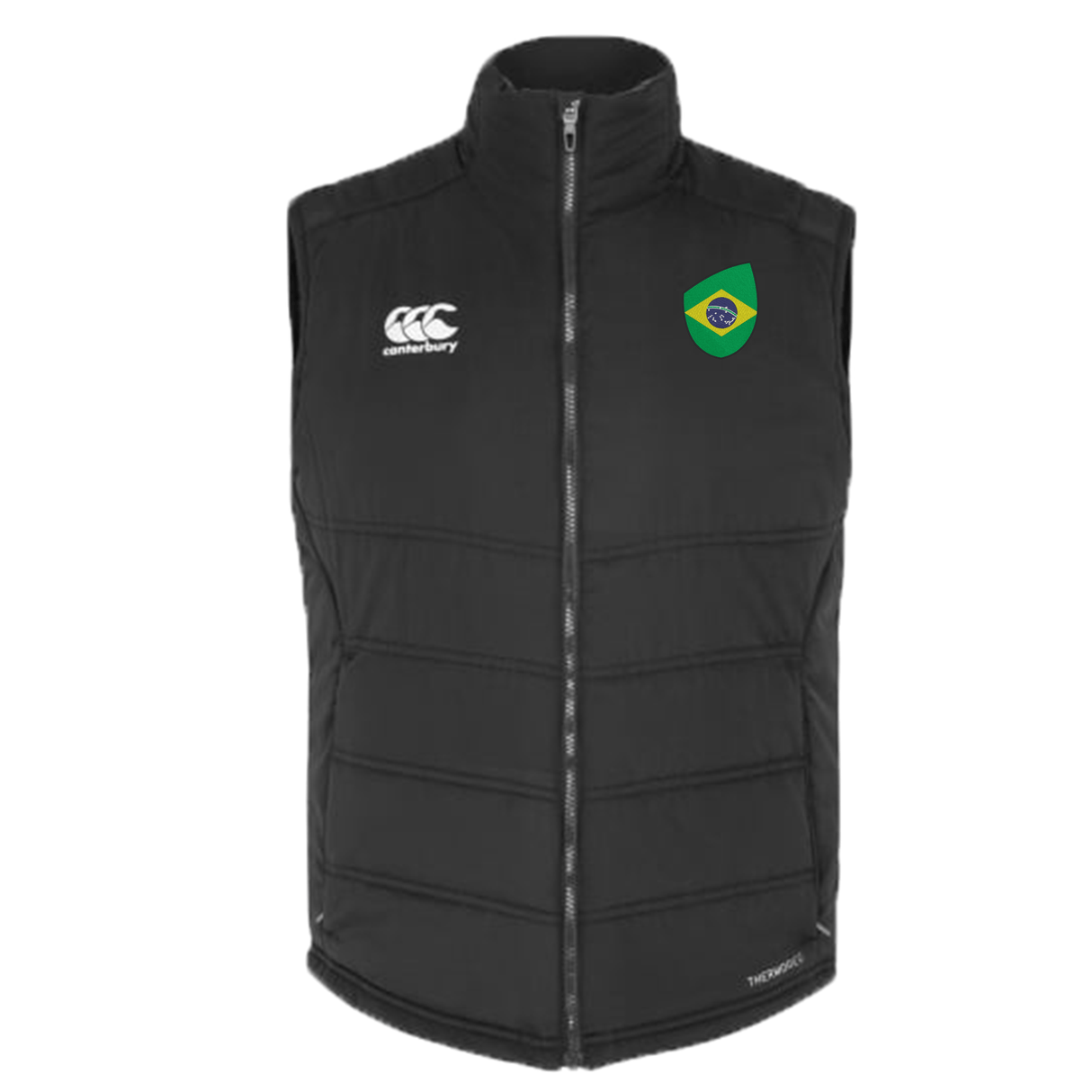 Introducing the EMB Canterbury Brazil Shield Core Gilet: a black vest with a high collar featuring the Canterbury logo on the left and a vibrant green and yellow Brazilian flag on the right, perfect for showcasing your passion for Brazil. Details coming soon!.