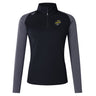 The Boston RFC Women's Elite First Layer by Canterbury, offered by EMB Canterbury, is a black and gray long-sleeve pullover crafted from recycled polyester. It features a half-zip design with a Boston emblem on the chest.