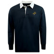 The Boston RFC Retro Classic Long Sleeve Solid Rugby Jersey by EMB Mudoo showcases a stylish black design with a striking white collar and a Boston emblem on the chest. Crafted for comfort in a relaxed fit, it is made from a cotton/poly blend fabric.