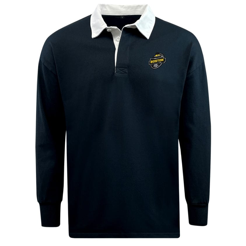 The Boston RFC Retro Classic Long Sleeve Solid Rugby Jersey by EMB Mudoo showcases a stylish black design with a striking white collar and a Boston emblem on the chest. Crafted for comfort in a relaxed fit, it is made from a cotton/poly blend fabric.