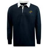 The Boston RFC Retro Classic Long Sleeve Solid Rugby Jersey by EMB Mudoo showcases a stylish black design with a striking white collar and a Boston emblem on the chest. Crafted for comfort in a relaxed fit, it is made from a cotton/poly blend fabric.