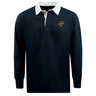 The Boston RFC Retro Classic Long Sleeve Solid Rugby Jersey by EMB Mudoo showcases a stylish black design with a striking white collar and a Boston emblem on the chest. Crafted for comfort in a relaxed fit, it is made from a cotton/poly blend fabric.