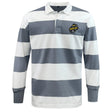 The Boston RFC Retro Classic Long Sleeve Hooped Rugby Jersey by EMB Mudoo is a gray and white striped jersey with long sleeves, featuring a collar and a "Boston" patch on the chest. It's perfect for those who appreciate classic leisurewear.