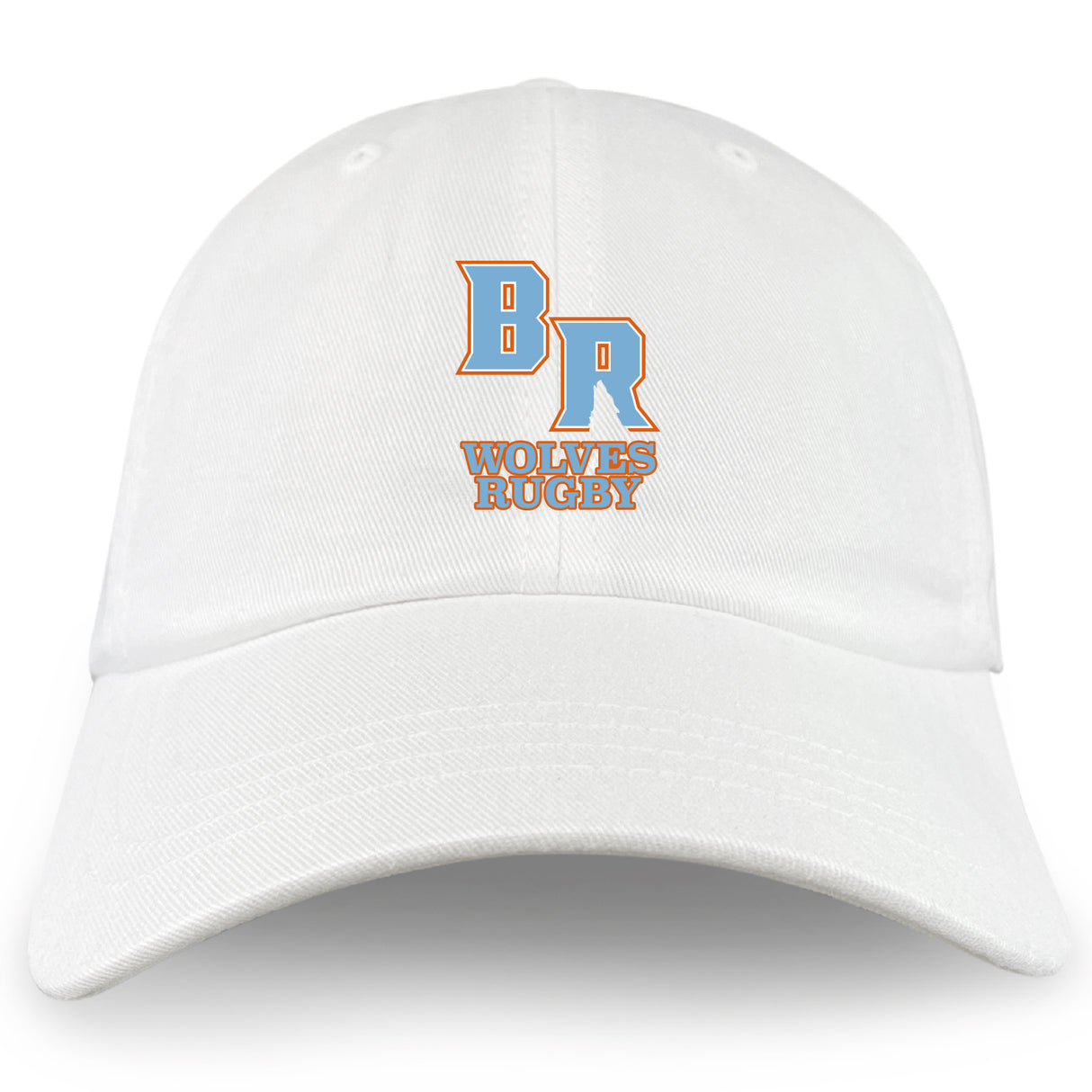 The Ballantyne Ridge Wolves Adult Low-Profile Cotton Twill Dad Cap by EMB S&S Activewear features blue and orange embroidered "BR" lettering above bold orange "WOLVES RUGBY" text on the front.