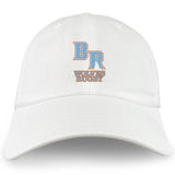The Ballantyne Ridge Wolves Adult Low-Profile Cotton Twill Dad Cap by EMB S&S Activewear features blue and orange embroidered "BR" lettering above bold orange "WOLVES RUGBY" text on the front.