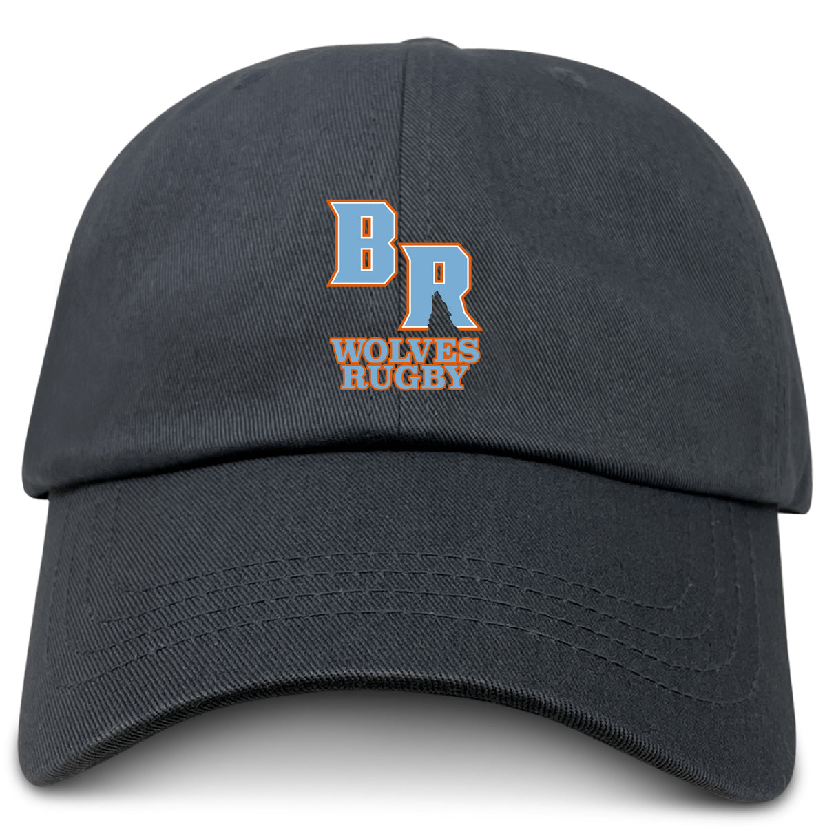 The Ballantyne Ridge Wolves Adult Low-Profile Cotton Twill Dad Cap by EMB S&S Activewear is a black cotton twill cap with bold orange and white embroidered "BR" and "Wolves Rugby" lettering on the front.