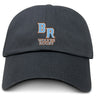 The Ballantyne Ridge Wolves Adult Low-Profile Cotton Twill Dad Cap by EMB S&S Activewear is a black cotton twill cap with bold orange and white embroidered "BR" and "Wolves Rugby" lettering on the front.