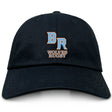 The EMB S&S Activewear Ballantyne Ridge Wolves Adult Low-Profile Cotton Twill Dad Cap is black with "BR" above "Wolves Rugby" embroidered in orange and white on the front.