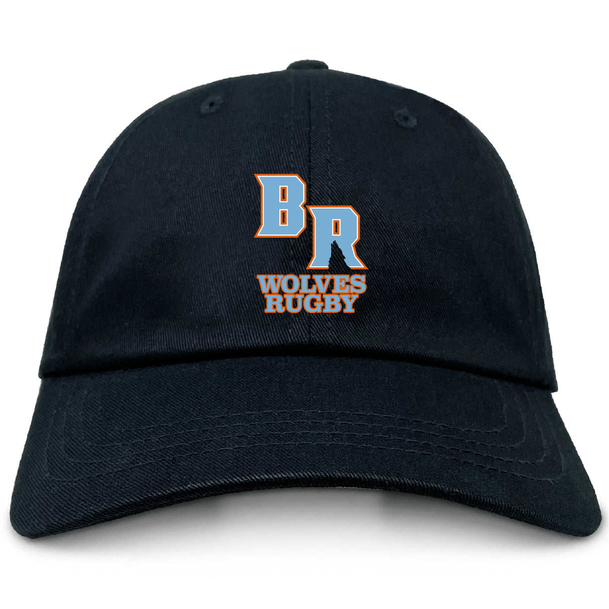 The EMB S&S Activewear Ballantyne Ridge Wolves Adult Low-Profile Cotton Twill Dad Cap is black with "BR" above "Wolves Rugby" embroidered in orange and white on the front.