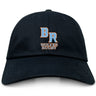 The EMB S&S Activewear Ballantyne Ridge Wolves Adult Low-Profile Cotton Twill Dad Cap is black with "BR" above "Wolves Rugby" embroidered in orange and white on the front.