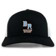 The Ballantyne Ridge Wolves Retro Trucker Cap by EMB S&S Activewear features a black and white design, bold blue and orange "BR Wolves Rugby" embroidery on the front, and a classic snapback closure.