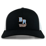 The Ballantyne Ridge Wolves Retro Trucker Cap by EMB S&S Activewear features a black and white design, bold blue and orange "BR Wolves Rugby" embroidery on the front, and a classic snapback closure.