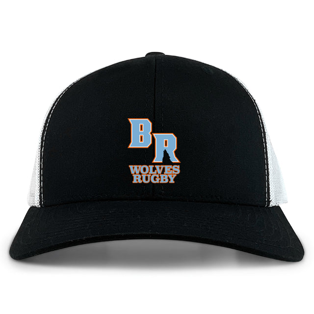 The Ballantyne Ridge Wolves Retro Trucker Cap by EMB S&S Activewear features a black and white design, bold blue and orange "BR Wolves Rugby" embroidery on the front, and a classic snapback closure.