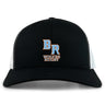 The Ballantyne Ridge Wolves Retro Trucker Cap by EMB S&S Activewear features a black and white design, bold blue and orange "BR Wolves Rugby" embroidery on the front, and a classic snapback closure.