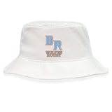 The Ballantyne Ridge Wolves Crusher Bucket Cap by EMB S&S Activewear is a white cotton twill hat with a blue and orange "BR Wolves Rugby" logo on the front, offering team spirit and sun protection.