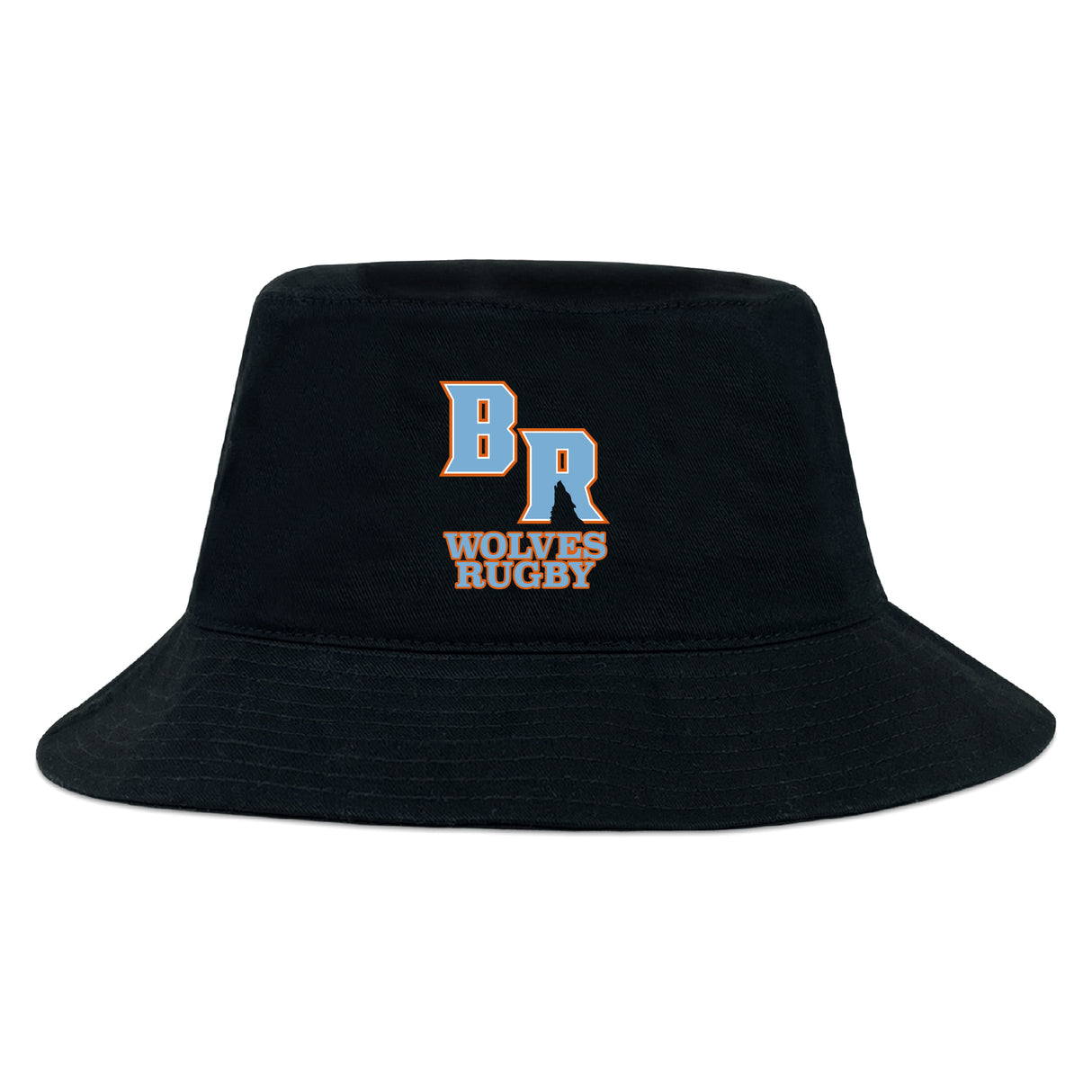 The Ballantyne Ridge Wolves Crusher Bucket Cap by EMB S&S Activewear is a black cotton twill hat with "BR" and "Wolves Rugby" embroidered in orange and white, combining classic style with sun protection.