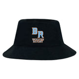The Ballantyne Ridge Wolves Crusher Bucket Cap by EMB S&S Activewear is a black cotton twill hat with "BR" and "Wolves Rugby" embroidered in orange and white, combining classic style with sun protection.
