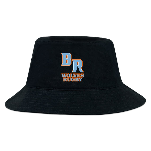 The Ballantyne Ridge Wolves Crusher Bucket Cap by EMB S&S Activewear is a black cotton twill hat with "BR" and "Wolves Rugby" embroidered in orange and white, combining classic style with sun protection.