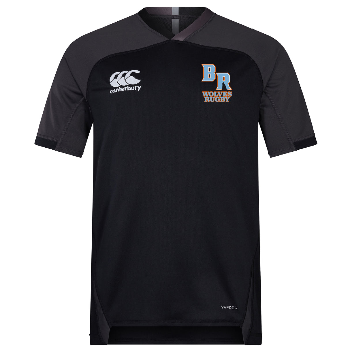 The Ballantyne Ridge Wolves Vapodri Evader Jersey by EMB Canterbury is a black short-sleeve rugby top with Canterbury logo on the right chest, "BR Wolves Rugby" graphic on the left, and a Vapodri Evader moisture-wicking label at the hem.
