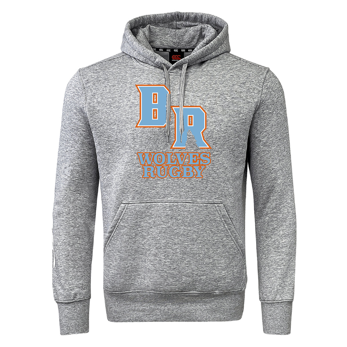 Show your club pride with the Ballantyne Ridge Wolves Club Hoodie by WRS Canterbury—a gray hoodie featuring a front pocket, bold blue "BR" letters, and orange "Wolves Rugby" text on the chest.