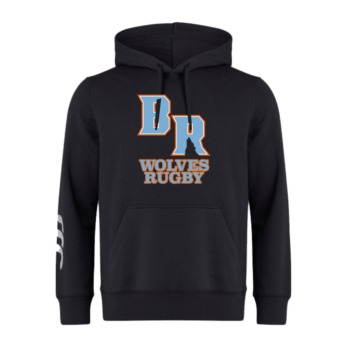 The Ballantyne Ridge Wolves Club Hoodie by WRS Canterbury features a front pouch pocket, bold “BR” and “Wolves Rugby” on the chest, plus a white sleeve stripe—a custom rugby hoodie perfect for fans.