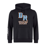The Ballantyne Ridge Wolves Club Hoodie by WRS Canterbury features a front pouch pocket, bold “BR” and “Wolves Rugby” on the chest, plus a white sleeve stripe—a custom rugby hoodie perfect for fans.