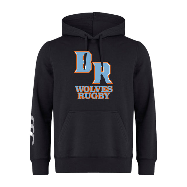 The Ballantyne Ridge Wolves Club Hoodie by WRS Canterbury features a front pouch pocket, bold “BR” and “Wolves Rugby” on the chest, plus a white sleeve stripe—a custom rugby hoodie perfect for fans.